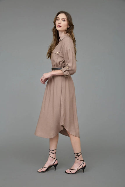 Collared Half Button 3/4 Sleeve Belted Midi Dress MOCHA