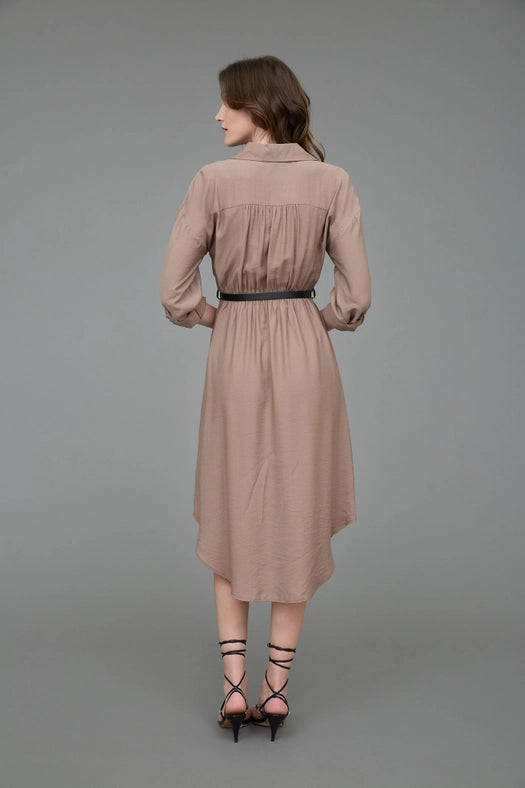 Collared Half Button 3/4 Sleeve Belted Midi Dress MOCHA