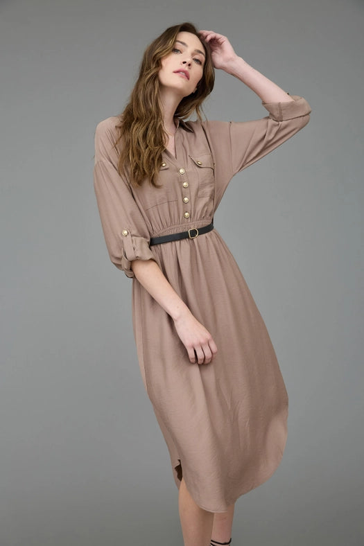 Collared Half Button 3/4 Sleeve Belted Midi Dress MOCHA