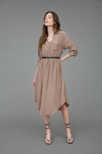 Collared Half Button 3/4 Sleeve Belted Midi Dress MOCHA