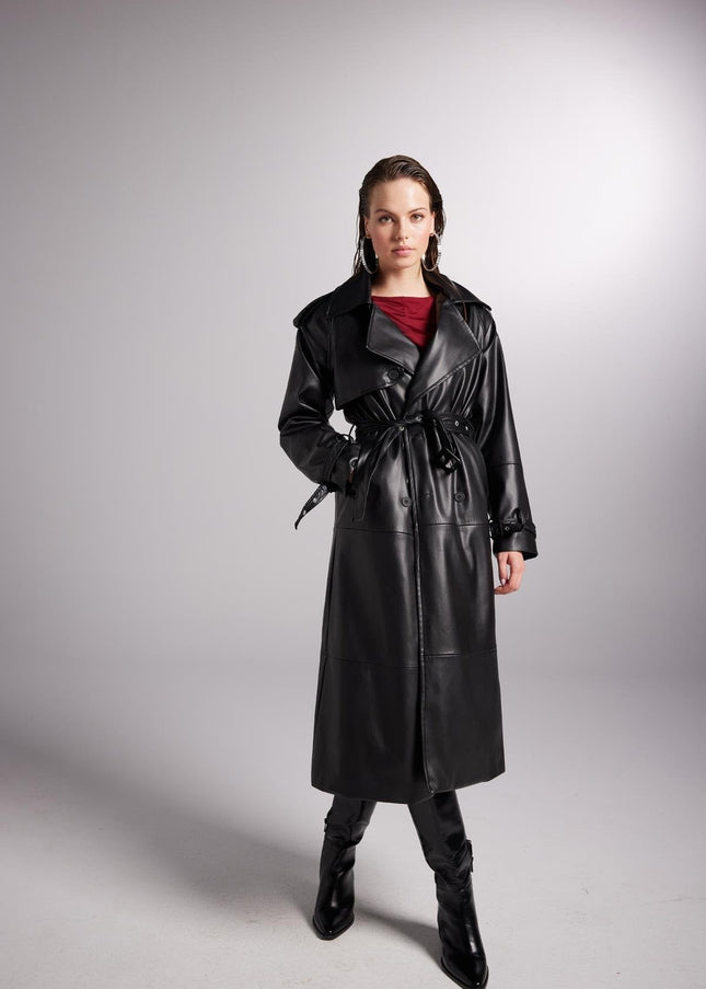 Collider Black Faux Leather Trench Coat-1