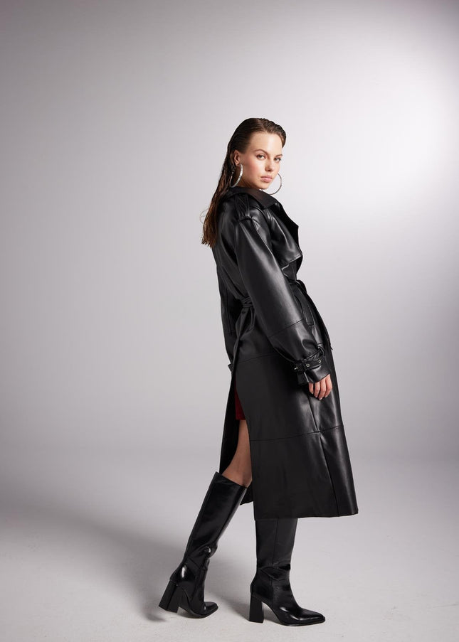 Collider Black Faux Leather Trench Coat-2