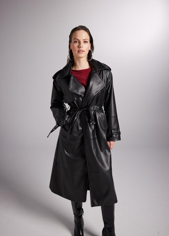 Collider Black Faux Leather Trench Coat-4