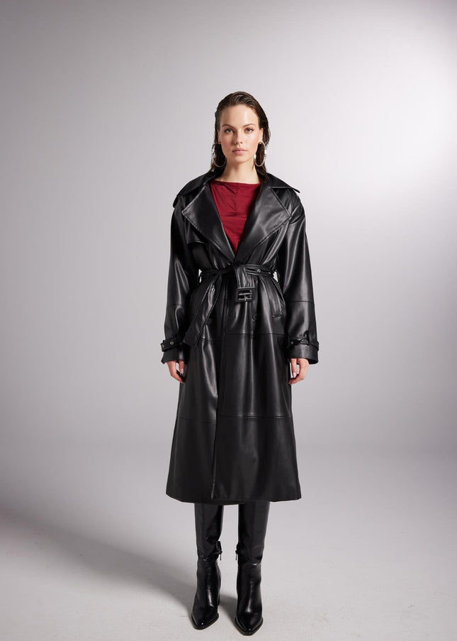 Collider Black Faux Leather Trench Coat-0