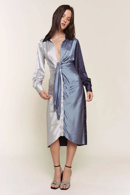 Color Block Button Down Satin Midi Dress BLUE COMBO