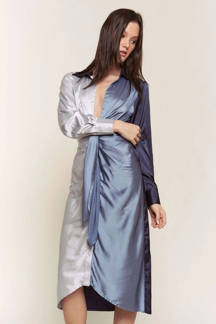 Color Block Button Down Satin Midi Dress BLUE COMBO