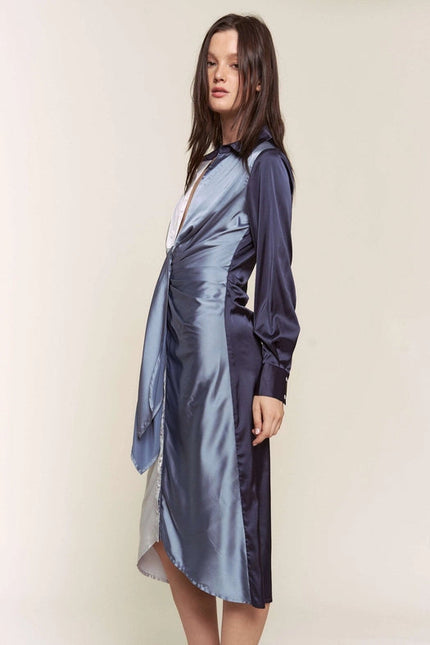 Color Block Button Down Satin Midi Dress BLUE COMBO