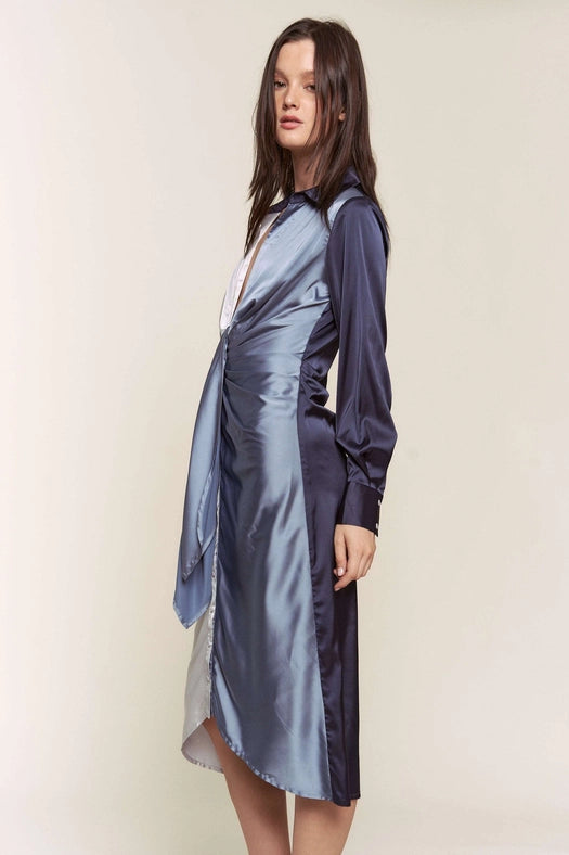 Color Block Button Down Satin Midi Dress BLUE COMBO