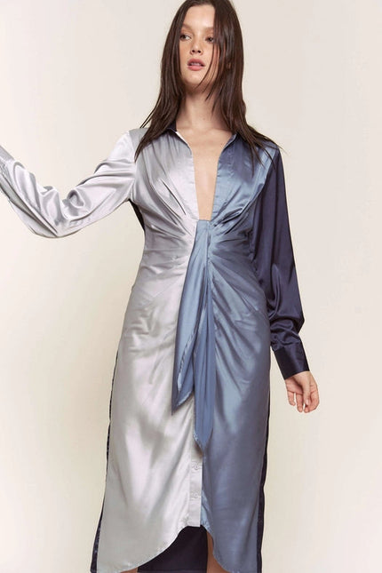 Color Block Button Down Satin Midi Dress BLUE COMBO