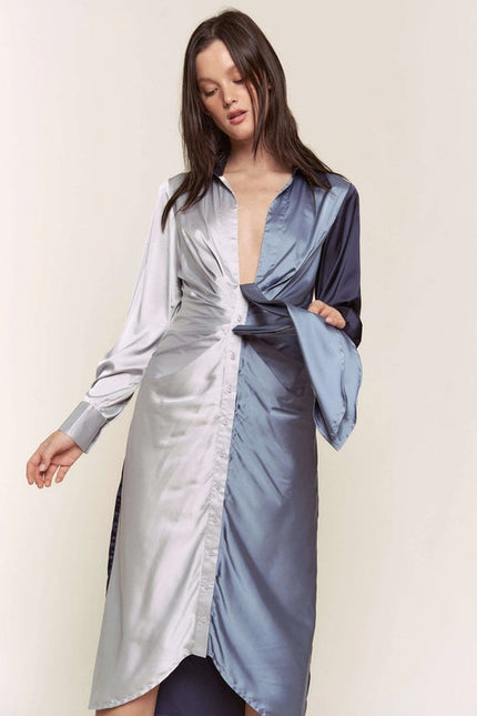 Color Block Button Down Satin Midi Dress BLUE COMBO