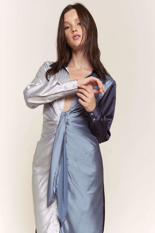 Color Block Button Down Satin Midi Dress BLUE COMBO