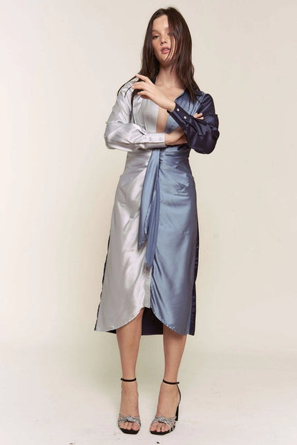 Color Block Button Down Satin Midi Dress BLUE COMBO