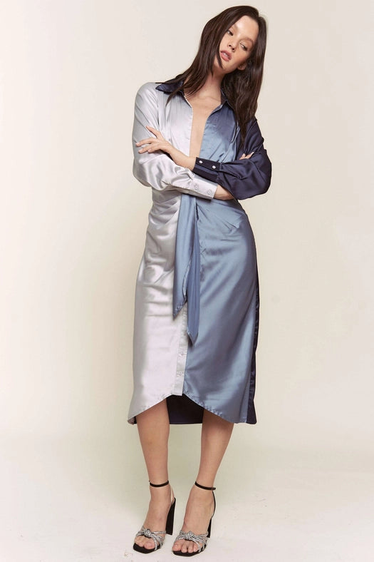 Color Block Button Down Satin Midi Dress BLUE COMBO