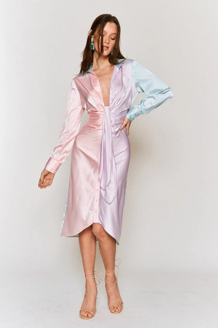 Color Block Button Down Satin Midi Dress LAVENDER PINK COMBO