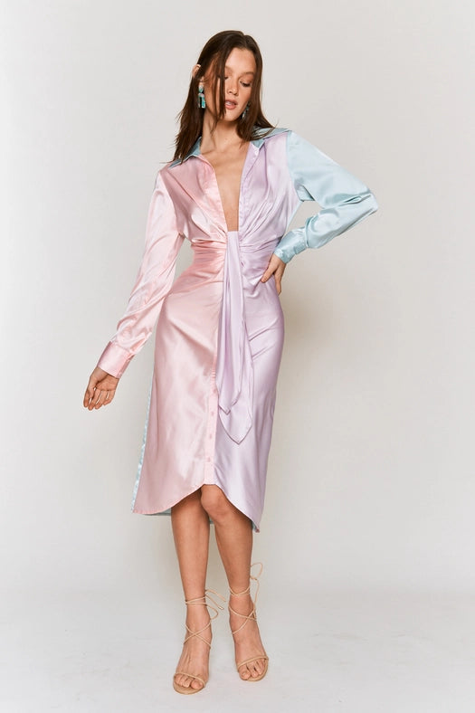 Color Block Button Down Satin Midi Dress LAVENDER PINK COMBO