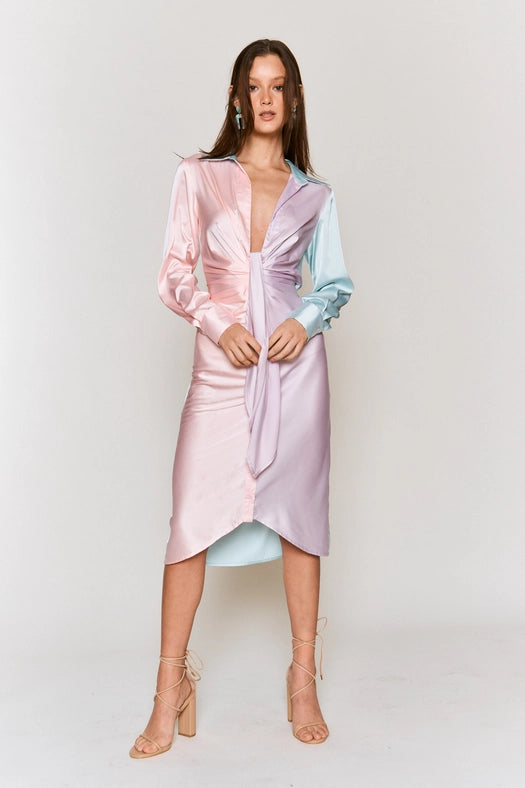 Color Block Button Down Satin Midi Dress LAVENDER PINK COMBO