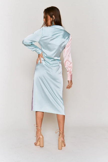 Color Block Button Down Satin Midi Dress LAVENDER PINK COMBO