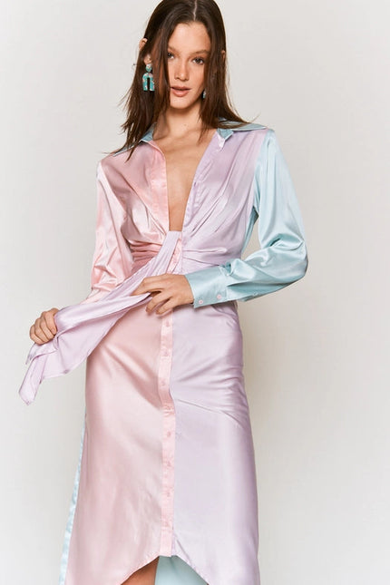 Color Block Button Down Satin Midi Dress LAVENDER PINK COMBO