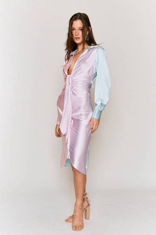 Color Block Button Down Satin Midi Dress LAVENDER PINK COMBO