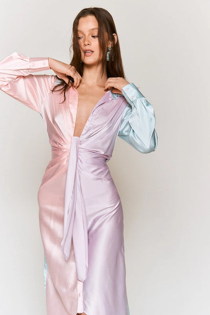 Color Block Button Down Satin Midi Dress LAVENDER PINK COMBO