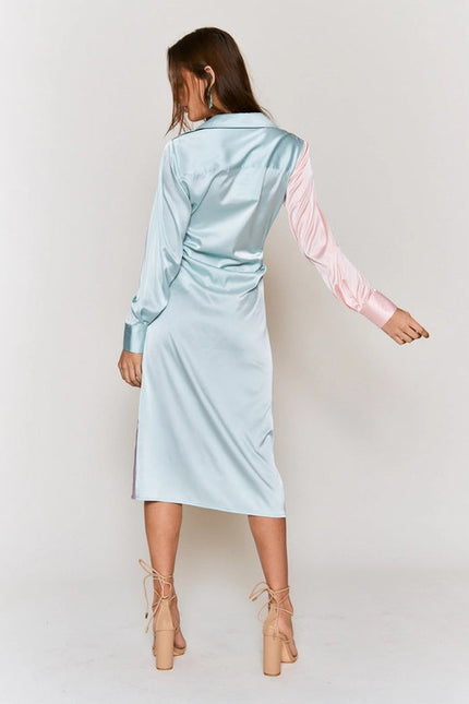 Color Block Button Down Satin Midi Dress LAVENDER PINK COMBO