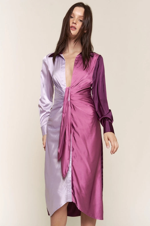 Color Block Button Down Satin Midi Dress LILAC PURPLE