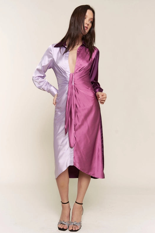 Color Block Button Down Satin Midi Dress LILAC PURPLE