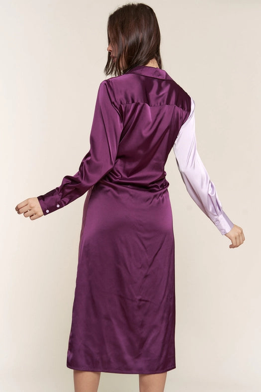 Color Block Button Down Satin Midi Dress LILAC PURPLE