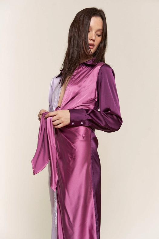 Color Block Button Down Satin Midi Dress LILAC PURPLE