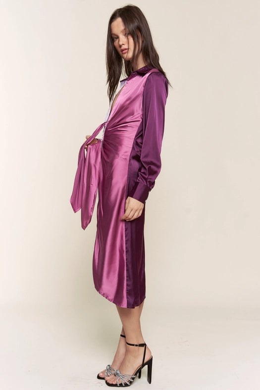 Color Block Button Down Satin Midi Dress LILAC PURPLE