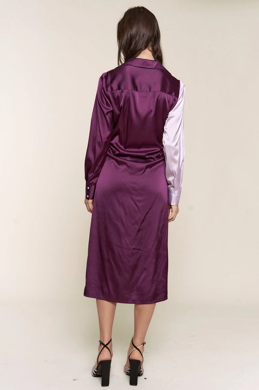 Color Block Button Down Satin Midi Dress LILAC PURPLE