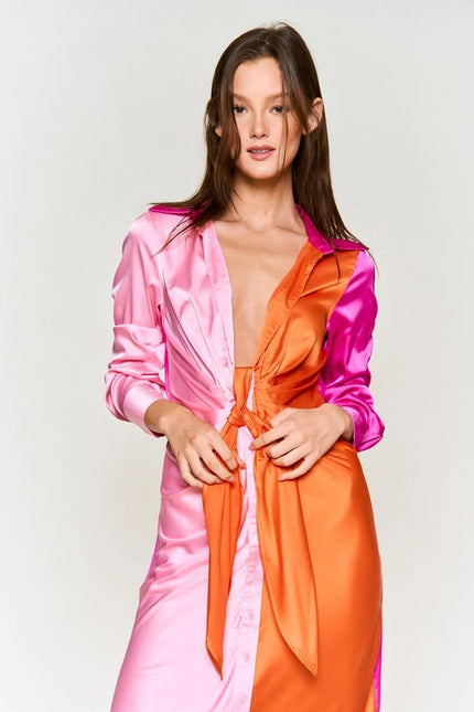 Color Block Button Down Satin Midi Dress ORANGE FUCHSIA COMBO