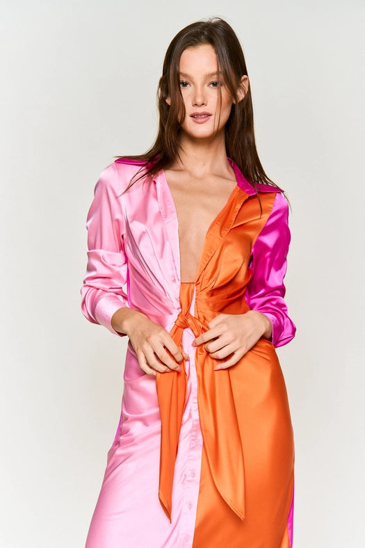 Color Block Button Down Satin Midi Dress ORANGE FUCHSIA COMBO