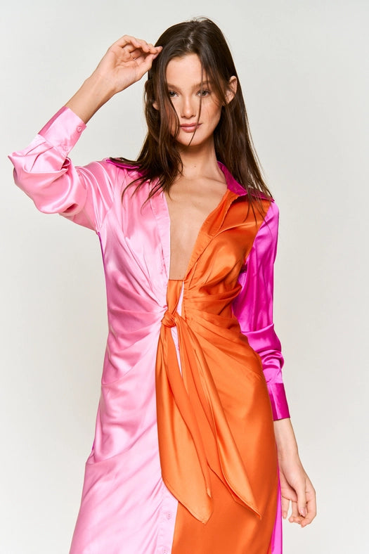 Color Block Button Down Satin Midi Dress ORANGE FUCHSIA COMBO