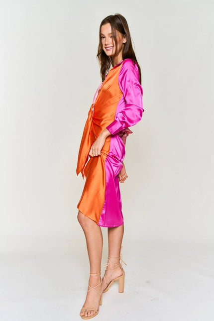 Color Block Button Down Satin Midi Dress ORANGE FUCHSIA COMBO