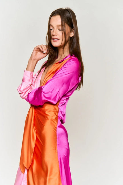 Color Block Button Down Satin Midi Dress ORANGE FUCHSIA COMBO