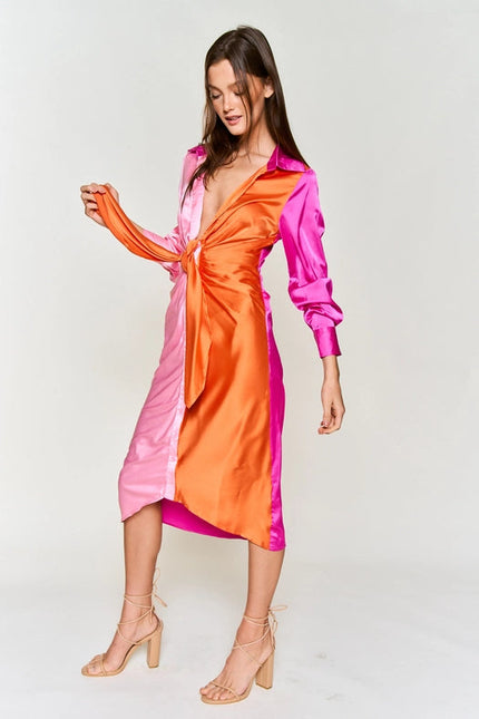 Color Block Button Down Satin Midi Dress ORANGE FUCHSIA COMBO