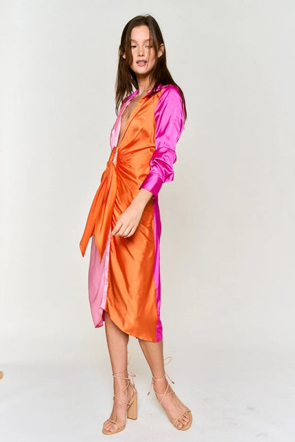 Color Block Button Down Satin Midi Dress ORANGE FUCHSIA COMBO