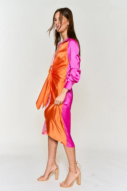 Color Block Button Down Satin Midi Dress ORANGE FUCHSIA COMBO