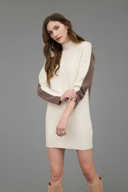 Colorblock Mock Neck Long Sleeve Sweater Dress IVORY