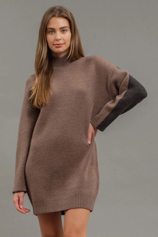 Colorblock Mock Neck Long Sleeve Sweater Dress MOCHA