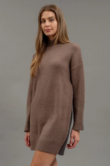 Colorblock Mock Neck Long Sleeve Sweater Dress MOCHA