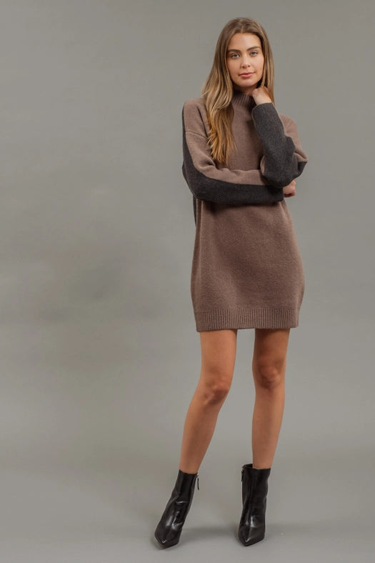 Colorblock Mock Neck Long Sleeve Sweater Dress MOCHA