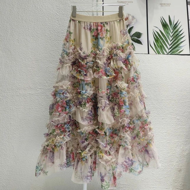 Colorful Floral Mesh Skirt with Irregular Stitching