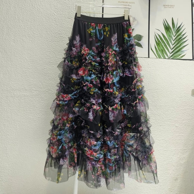 Colorful Floral Mesh Skirt with Irregular Stitching