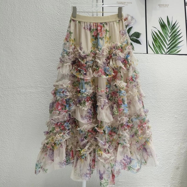 Colorful Floral Mesh Skirt with Irregular Stitching