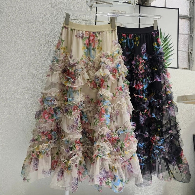 Colorful Floral Mesh Skirt with Irregular Stitching