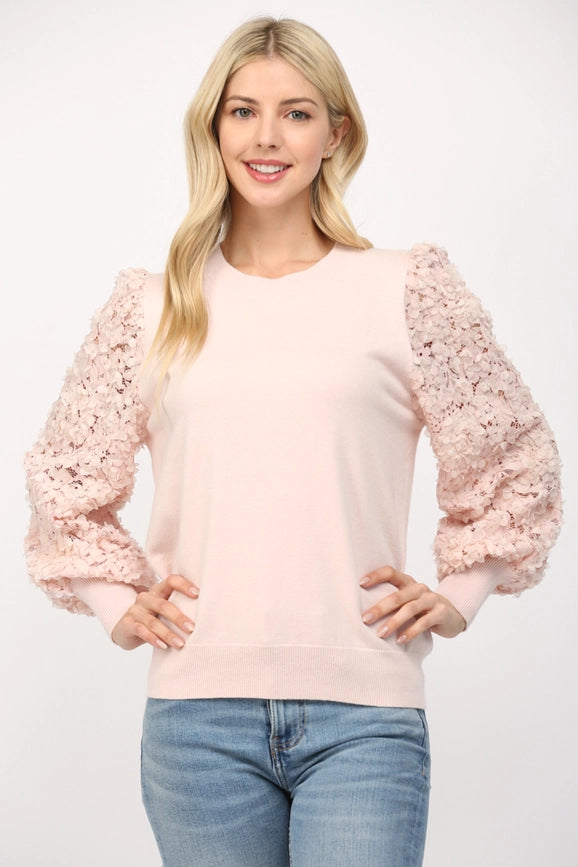 Contrast 3D Floral Lace Slv Crew Neck Sweater BLUSH