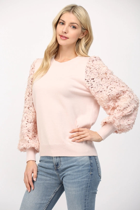 Contrast 3D Floral Lace Slv Crew Neck Sweater BLUSH