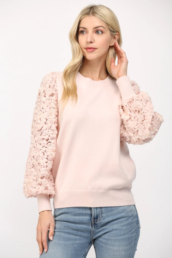 Contrast 3D Floral Lace Slv Crew Neck Sweater BLUSH